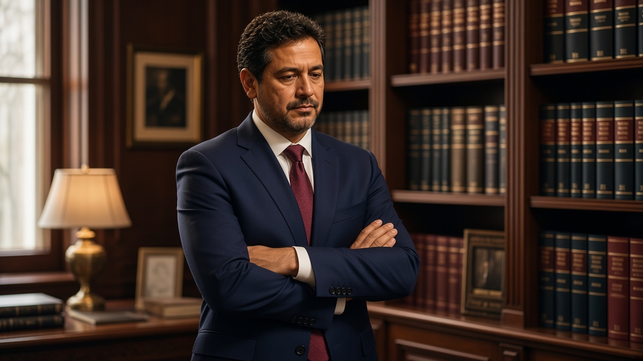 Vladimir Alejandro Urtecho Ortiz in his Málaga law office, next to the legal library